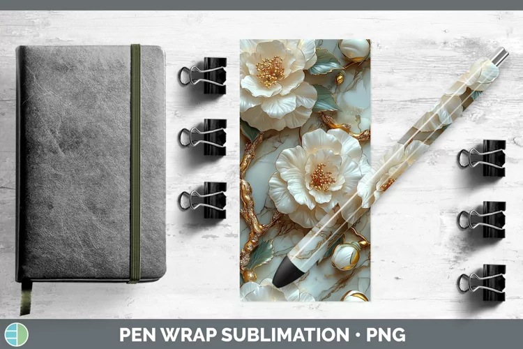 Marble 3D Flowers Camellia Pen Wrap Sublimation Epoxy Pen De