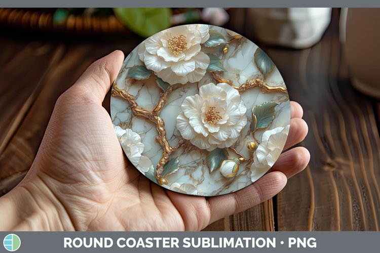 Marble 3D Flowers Camellia Round Coaster Sublimation Coaster