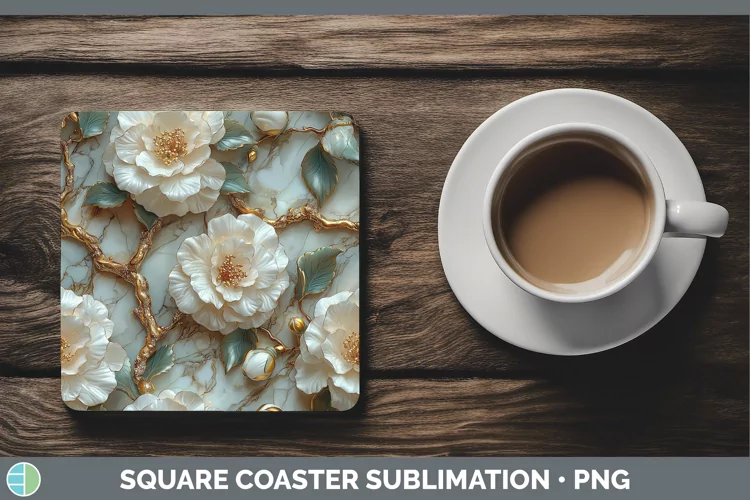 Marble 3D Flowers Camellia Square Coaster Sublimation Coaste