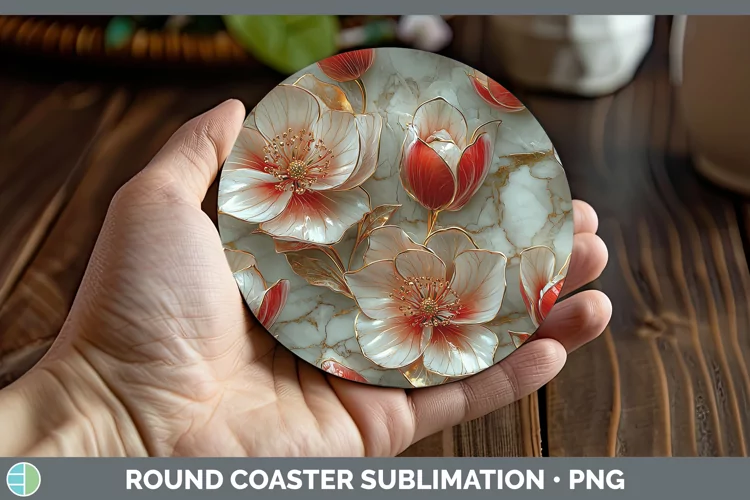 Marble 3D Flowers Cyclamen Round Coaster Sublimation Coaster