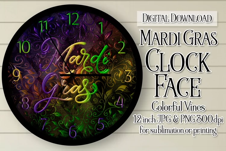 Mardi Gras Clock, Colorful Grunge Vines 12inch Clock Face