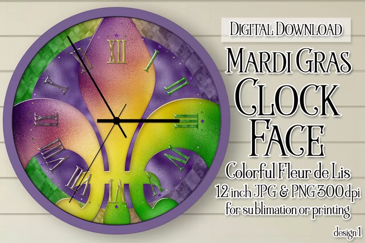 Mardi Gras Clock, Fleur de Lis 12inch Clock Face Sublimation