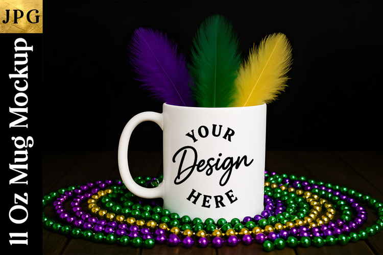 Mardi Gras Mug Mockup JPG | Sublimation Coffee Cup Flat Lay