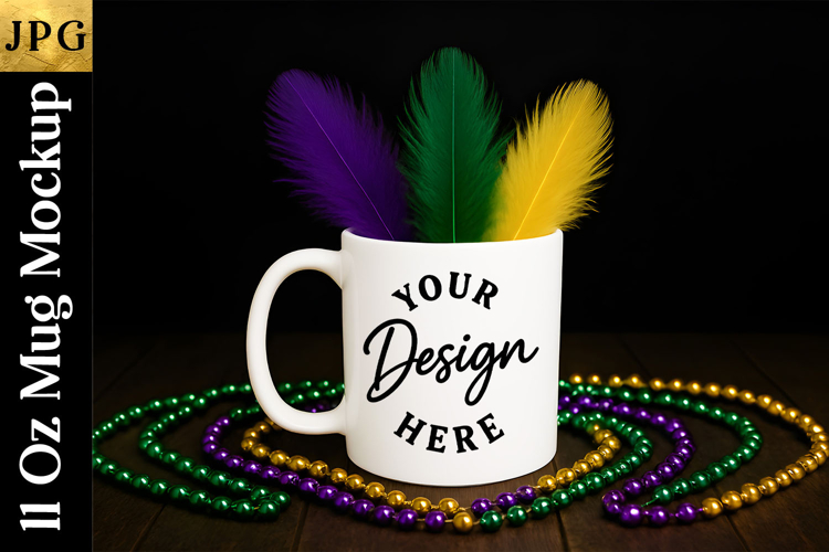 Mardi Gras Mug Mockup JPG | Sublimation Coffee Cup Flat Lay