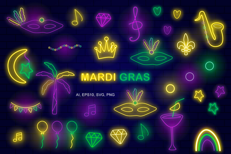 Mardi Gras Neon Vector Icons