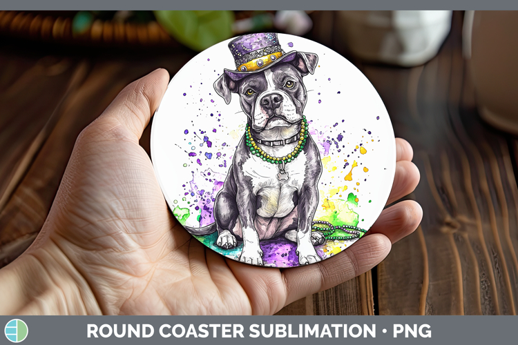 Mardi Gras Splash Dogs American Staffordshire Round Coaster