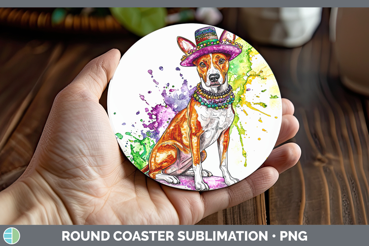 Mardi Gras Splash Dogs Basenji Round Coaster Sublimation Coa