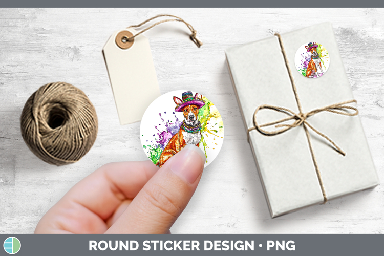 Mardi Gras Splash Dogs Basenji Stickers | Round Labels Desig