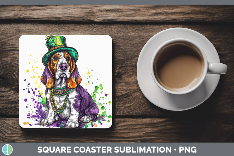 Mardi Gras Splash Dogs Basset Hound Square Coaster Sublimati