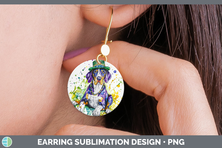 Mardi Gras Splash Dogs Bluetick Coonhound Round Earrings Sub