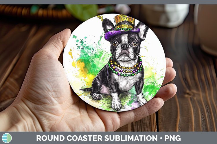 Mardi Gras Splash Dogs Boston Terrier Round Coaster Sublimat