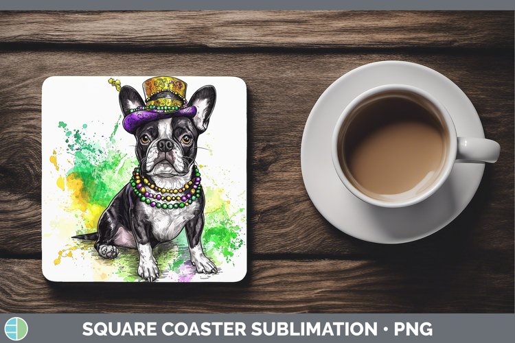 Mardi Gras Splash Dogs Boston Terrier Square Coaster Sublima