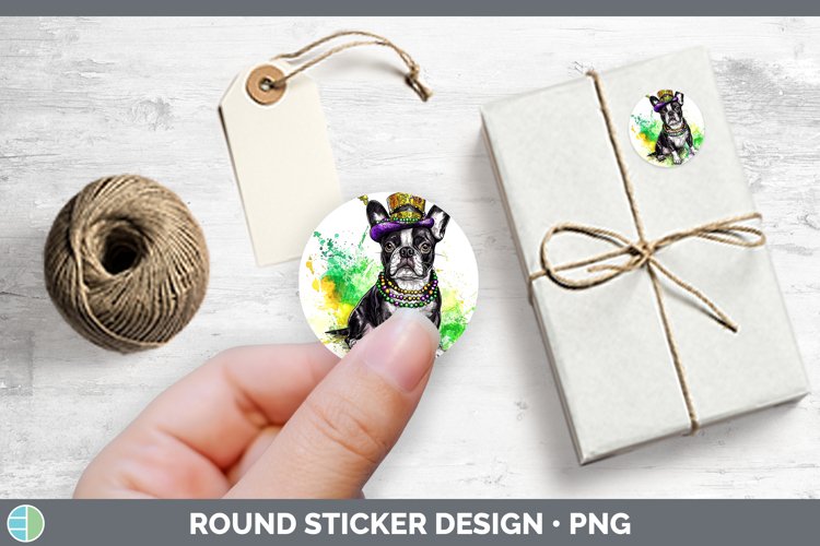 Mardi Gras Splash Dogs Boston Terrier Stickers | Round Label
