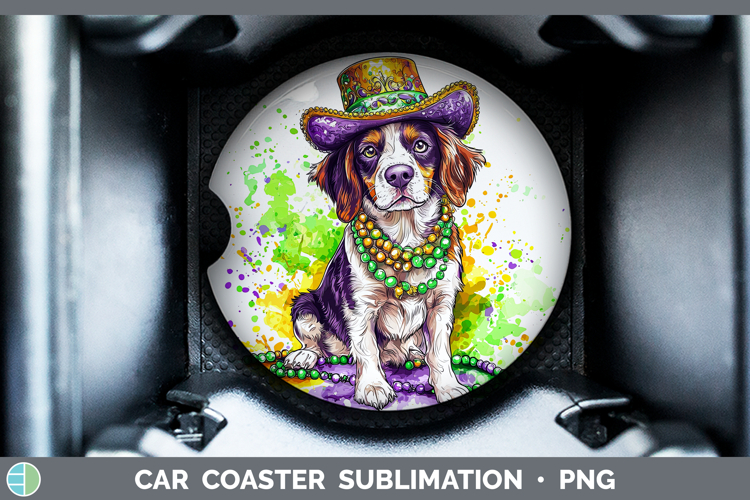 Mardi Gras Splash Dogs Brittany Dog Car Coaster Sublimation