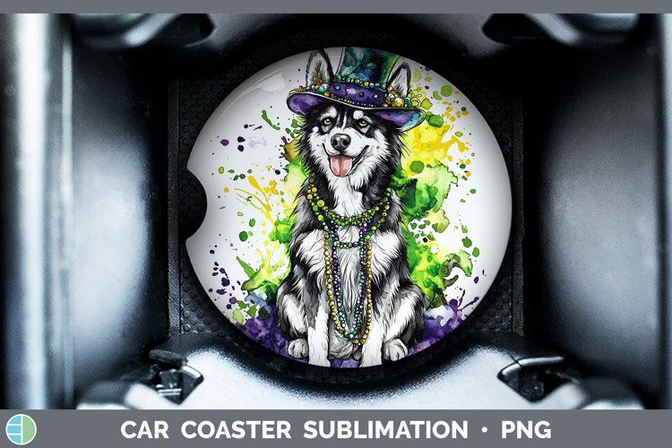 Mardi Gras Splash Dogs Husky Car Coaster Sublimation Design