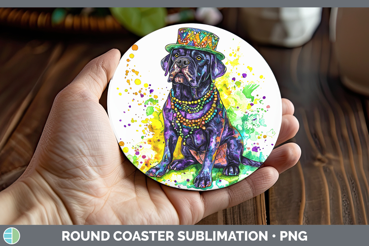 Mardi Gras Splash Dogs Mastiff Round Coaster Sublimation Coa