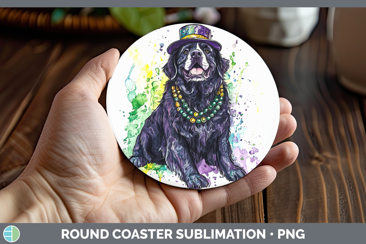 Mardi Gras Splash Dogs Newfoundland Round Coaster Sublimatio