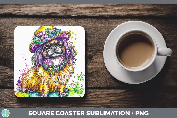 Mardi Gras Splash Dogs Pekingese Square Coaster Sublimation