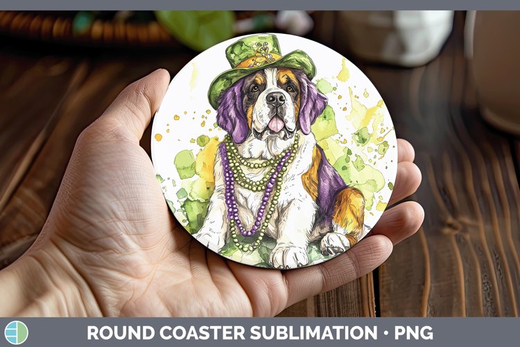 Mardi Gras Splash Dogs Saint Bernard Round Coaster Sublimati