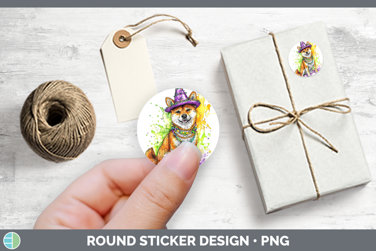 Mardi Gras Splash Dogs Shiba Inu Stickers | Round Labels Des