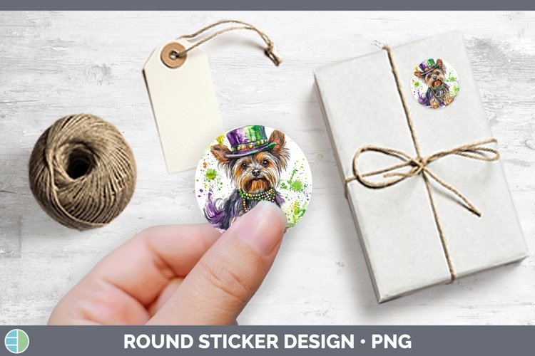 Mardi Gras Splash Dogs Yorkshire Terrier Stickers | Round La