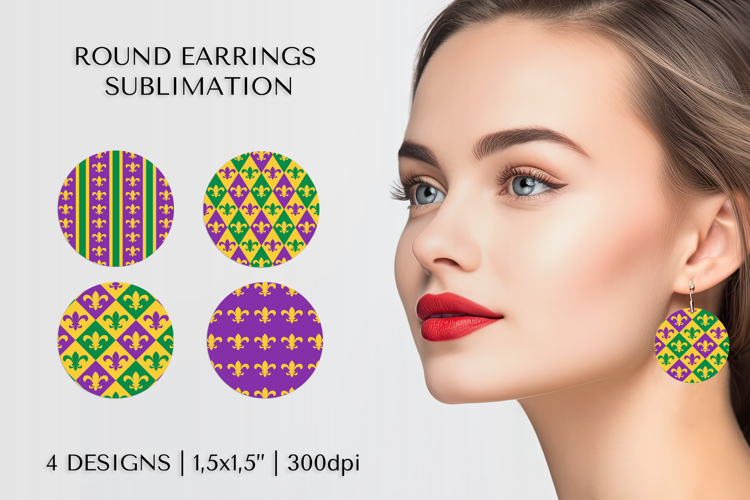 Mardi Gras earrings sublimation. Carnival round earrings 014
