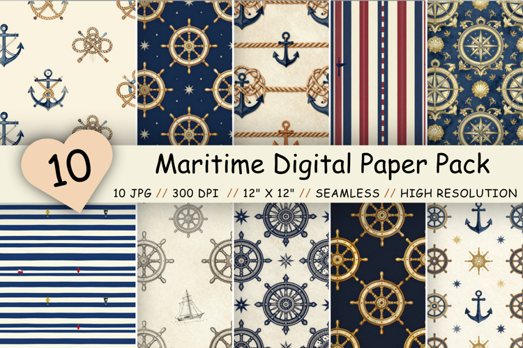 Maritime Digital Paper Pack, Classic Nautical Seamless
