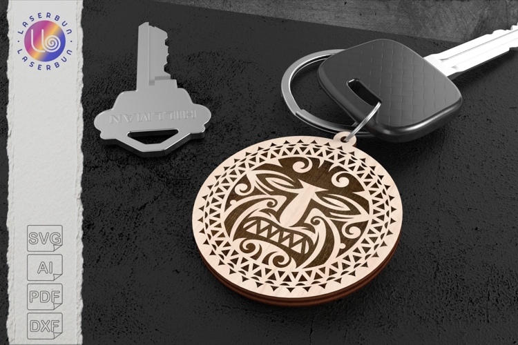 Decorative mask keychain laser template, round engraving