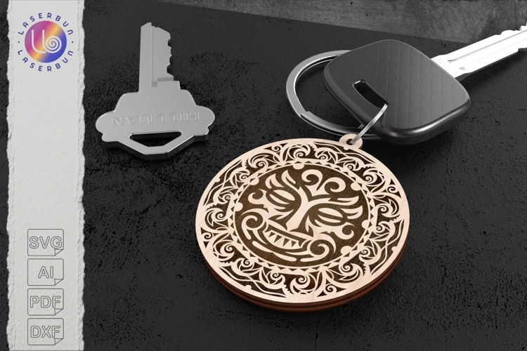 Round tribal mask engraving file, laser cut keychain design