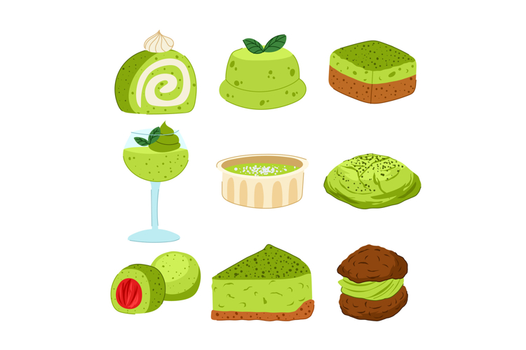 Assortment of matcha flavored dessert sweet treats concept