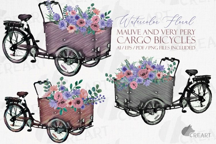 Mauve, very peri floral cargo bikes flower shop decoration. example image 1