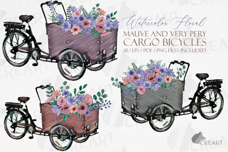 Mauve, very peri floral cargo bikes flower shop decoration.