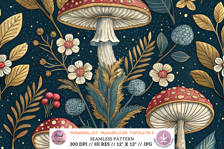 Maximalist Mushroom Tapestry Digital Paper, Seamless Pattern