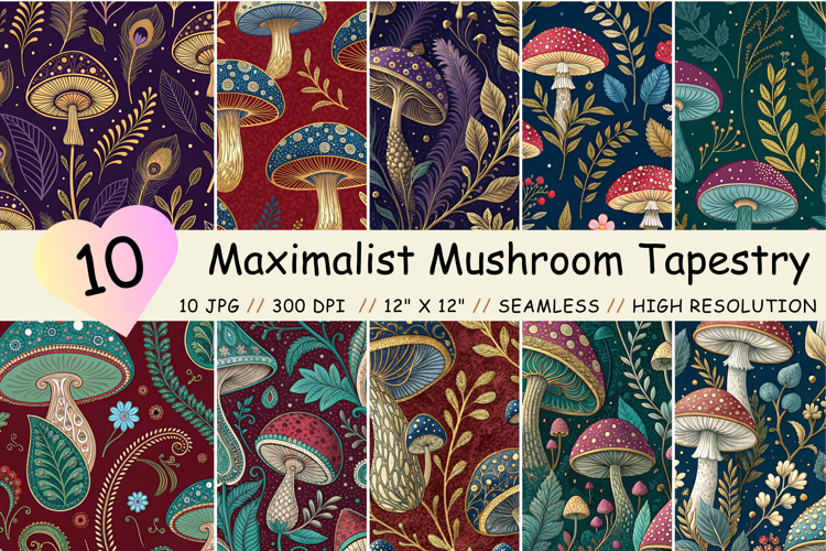 Maximalist Mushroom Tapestry Seamless Pattern, Digital Paper
