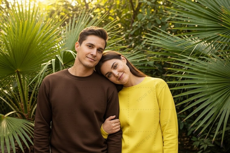 Couple in casual outfits in a tropical garden T-shirt Mockup