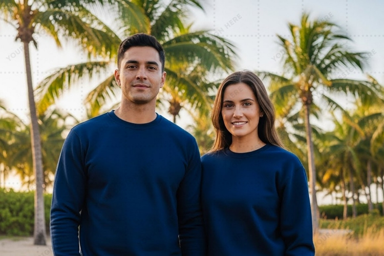 Couple wearing matching navy blue tropical T-shirt Mockup De