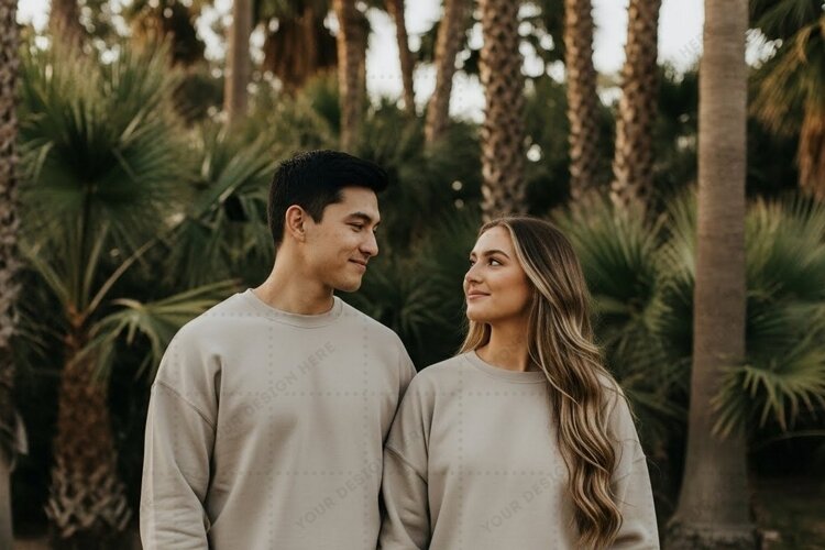 Couple wearing matching tropical garden T-shirt Mockup Desig example image 1