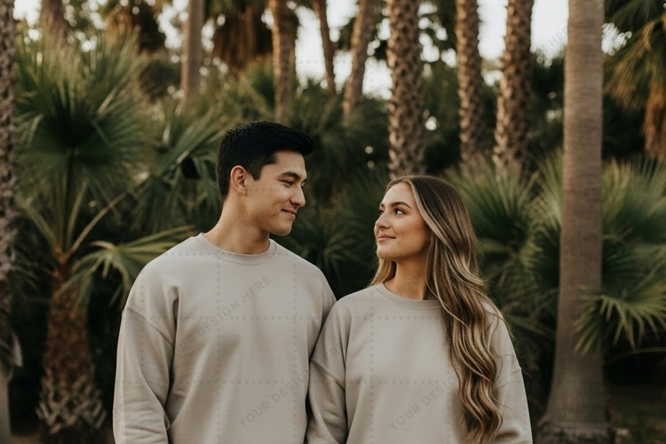 Couple wearing matching tropical garden T-shirt Mockup Desig