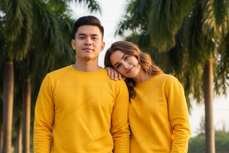 Couple wearing matching yellow in a park T-shirt Mockup Desi