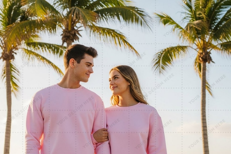 Matching pink couple in tropical setting T-shirt Mockup Desi