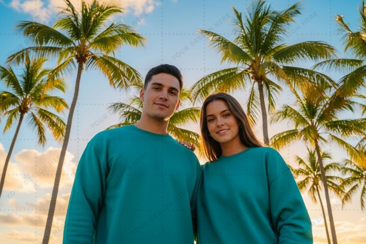 Couple wearing matching turquoise tropical beach T-shirt Moc