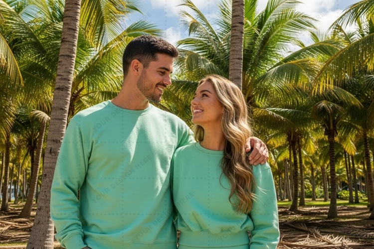 Couple wearing matching turquoise tropical setting T-shirt M