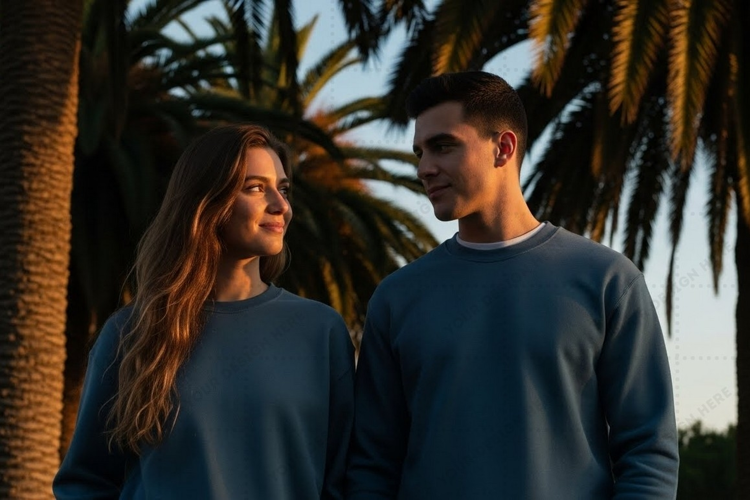 Couple wearing matching blue T-shirt Mockup Design