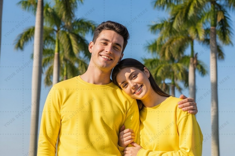 Couple in matching yellow T-shirt Mockup Design
