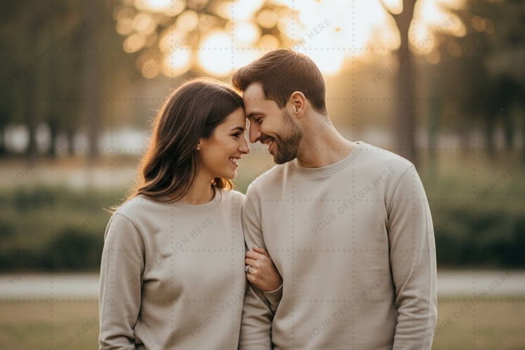 Couple in matching t-shirts in a park T-shirt Mockup Design