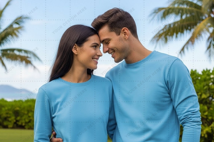 Couple wearing matching light blue tropical setting T-shirt