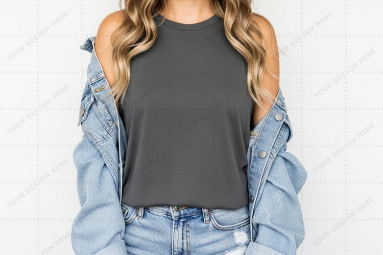 Casual grey denim jacket T-shirt Mockup Design