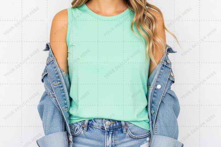 Mint green tank top with denim jacket T-shirt Mockup Design