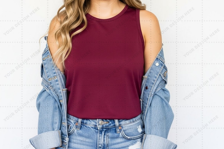 Burgundy tank top with cold shoulder T-shirt Mockup Design