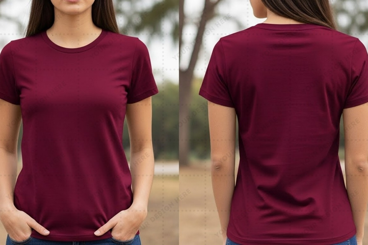 Women's burgundy crew neck T-shirt Mockup Design